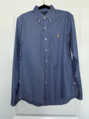 Ralph Lauren Navy and White Striped Button-Down Shirt with Yellow Pony